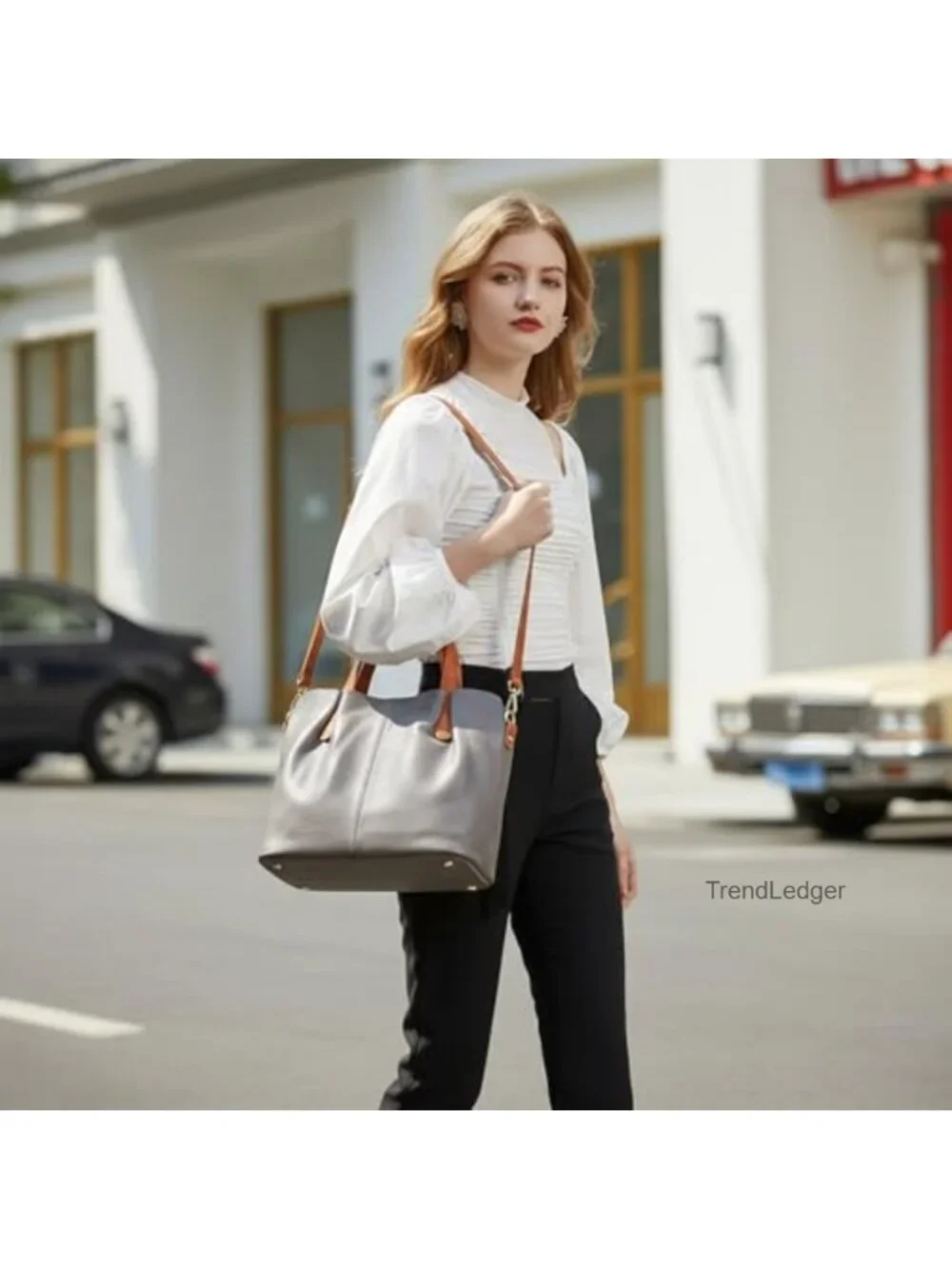 Genuine Leather Satchel Tote Bag for Women with Detachable Pouch